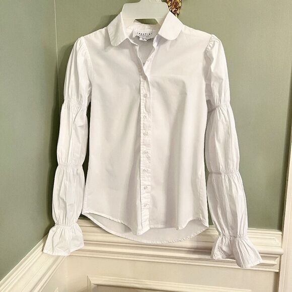 The Shirt Rochelle Behrens White Button Front Puffy Sleeve Top Blouse Shirt  XS - Picture 2 of 2